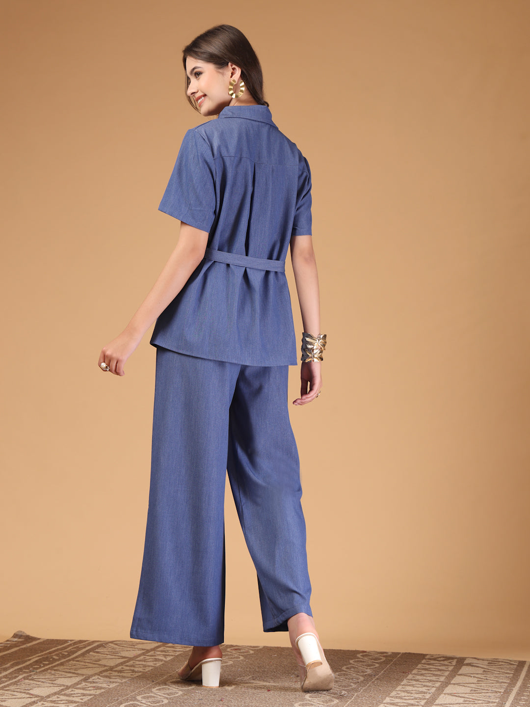 Thirty Threads Womens Demin Blue Solid Shirt Collar Neck Regular Co-Ord Set