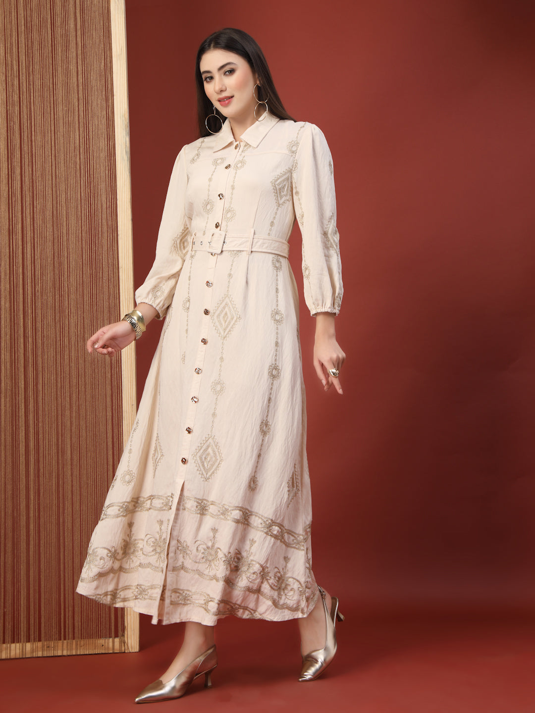 Thirty Threads Womens Oat Ethnic Motifs Collar Neck Ankle Length Dress