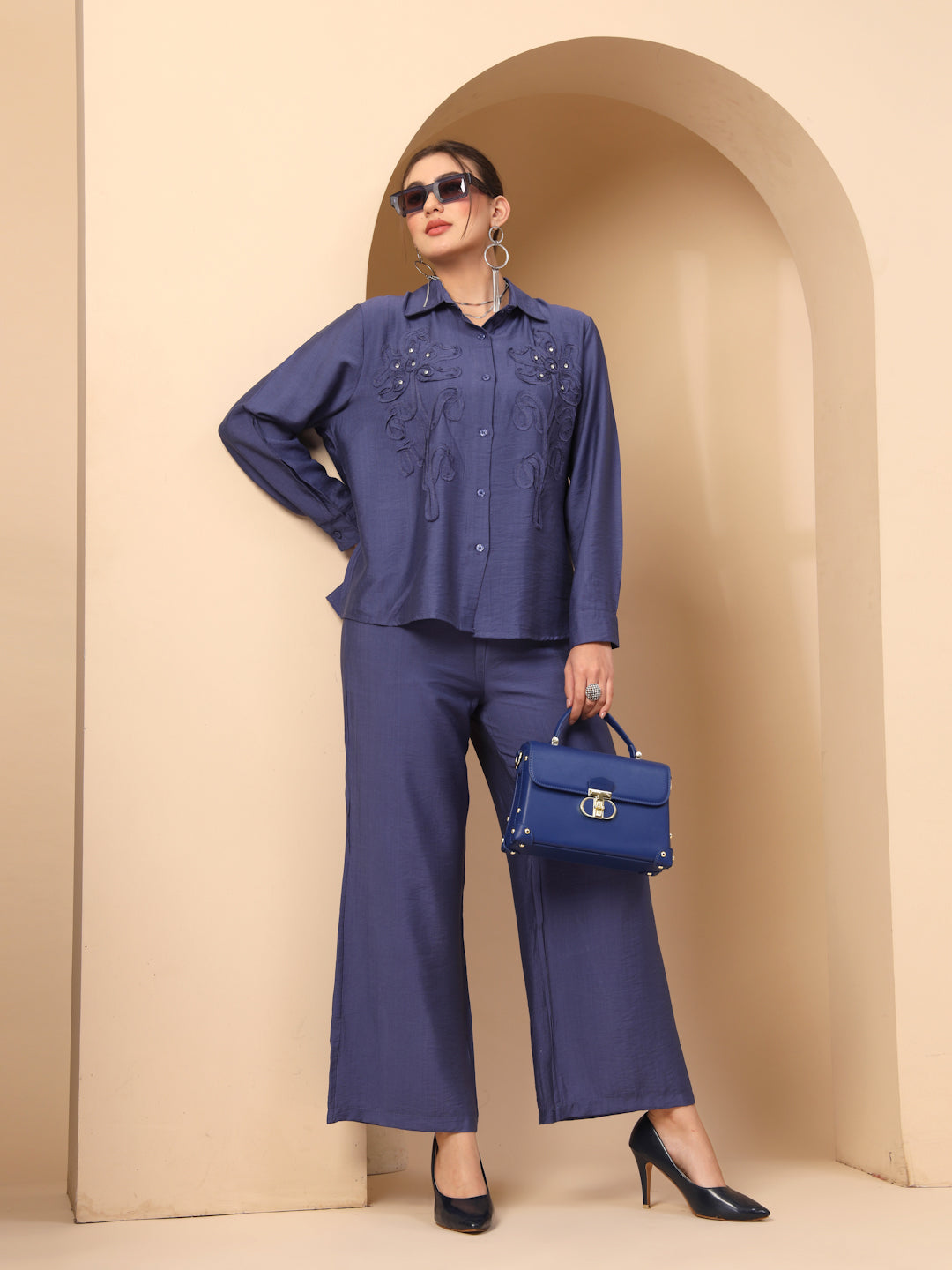 Thirty Threads Womens Blue Self Design Collar Neck Regular Co-Ord Set