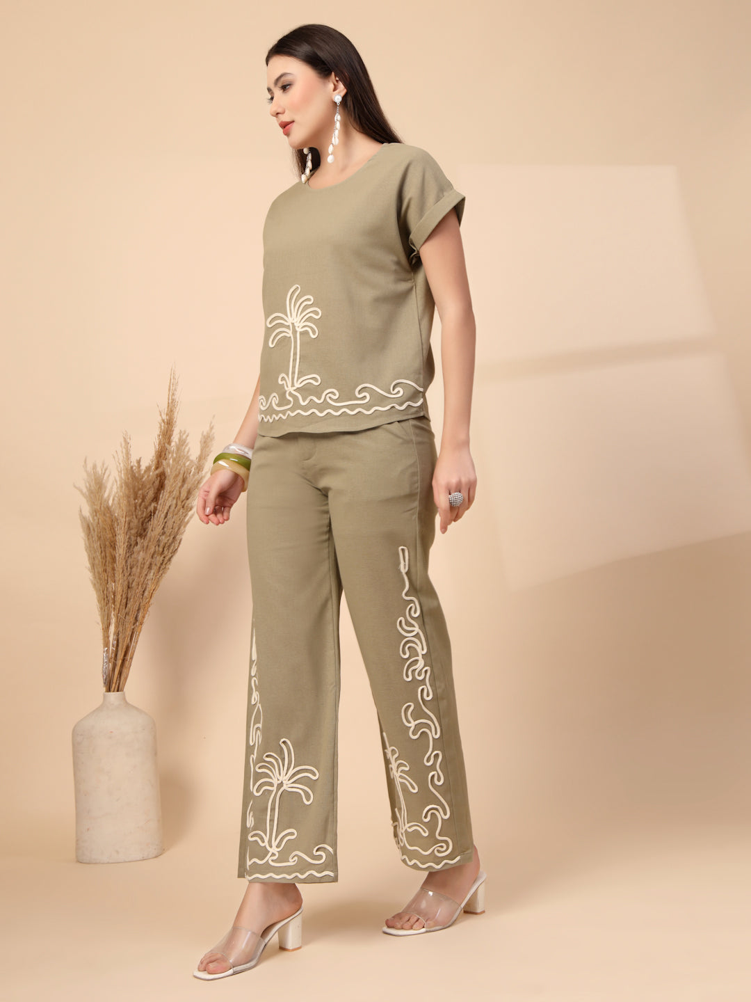 Thirty Threads Womens Green Embroidered Round Neck Regular Co-Ord Set