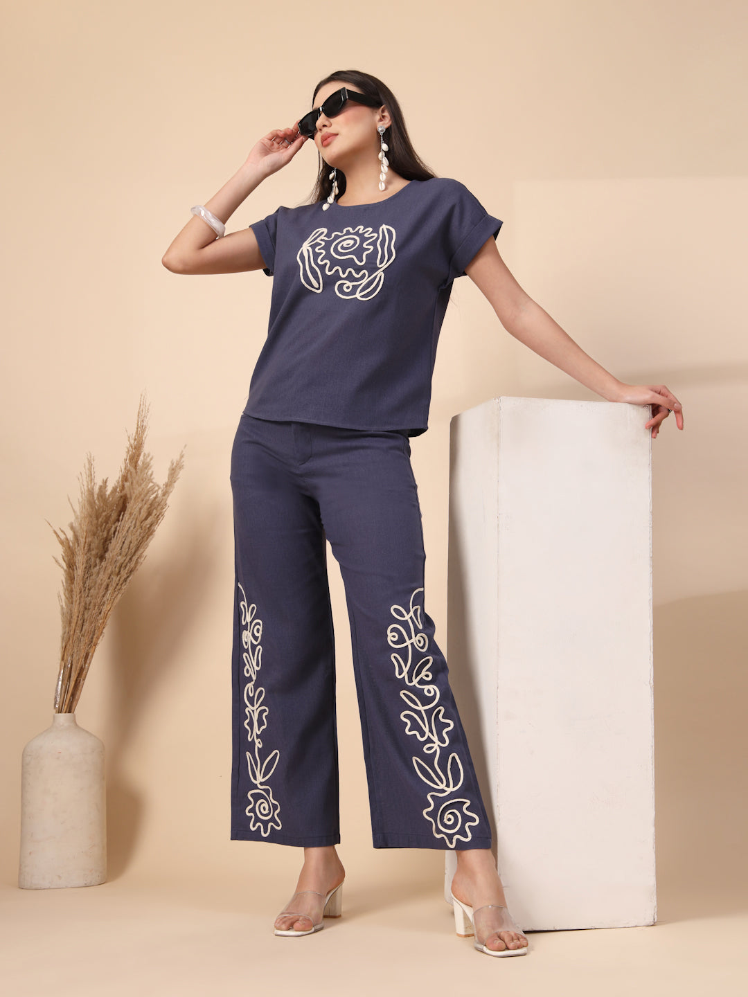 Thirty Threads Womens Brown Embroidered Round Neck Regular Co-Ord Set