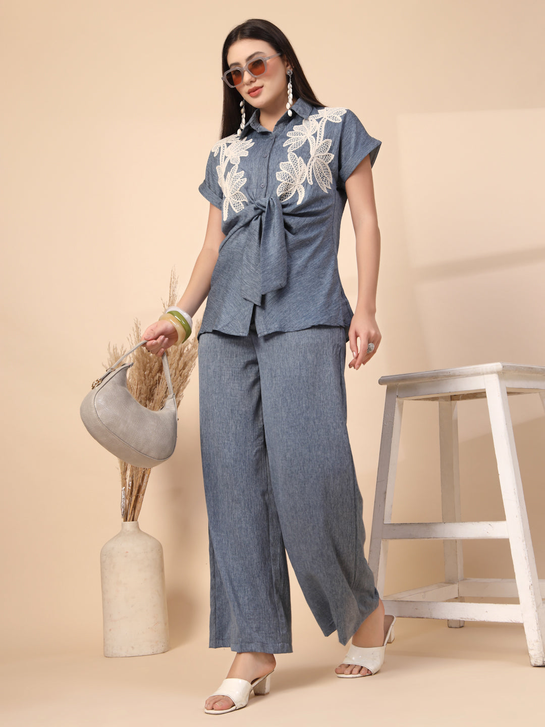 Thirty Threads Womens Blue Embroidered Collar Neck Regular Co-Ord Set