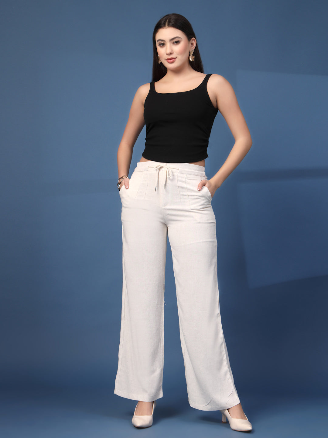 Thirty Threads Womens Off White Solid Ankle Length Palazoo