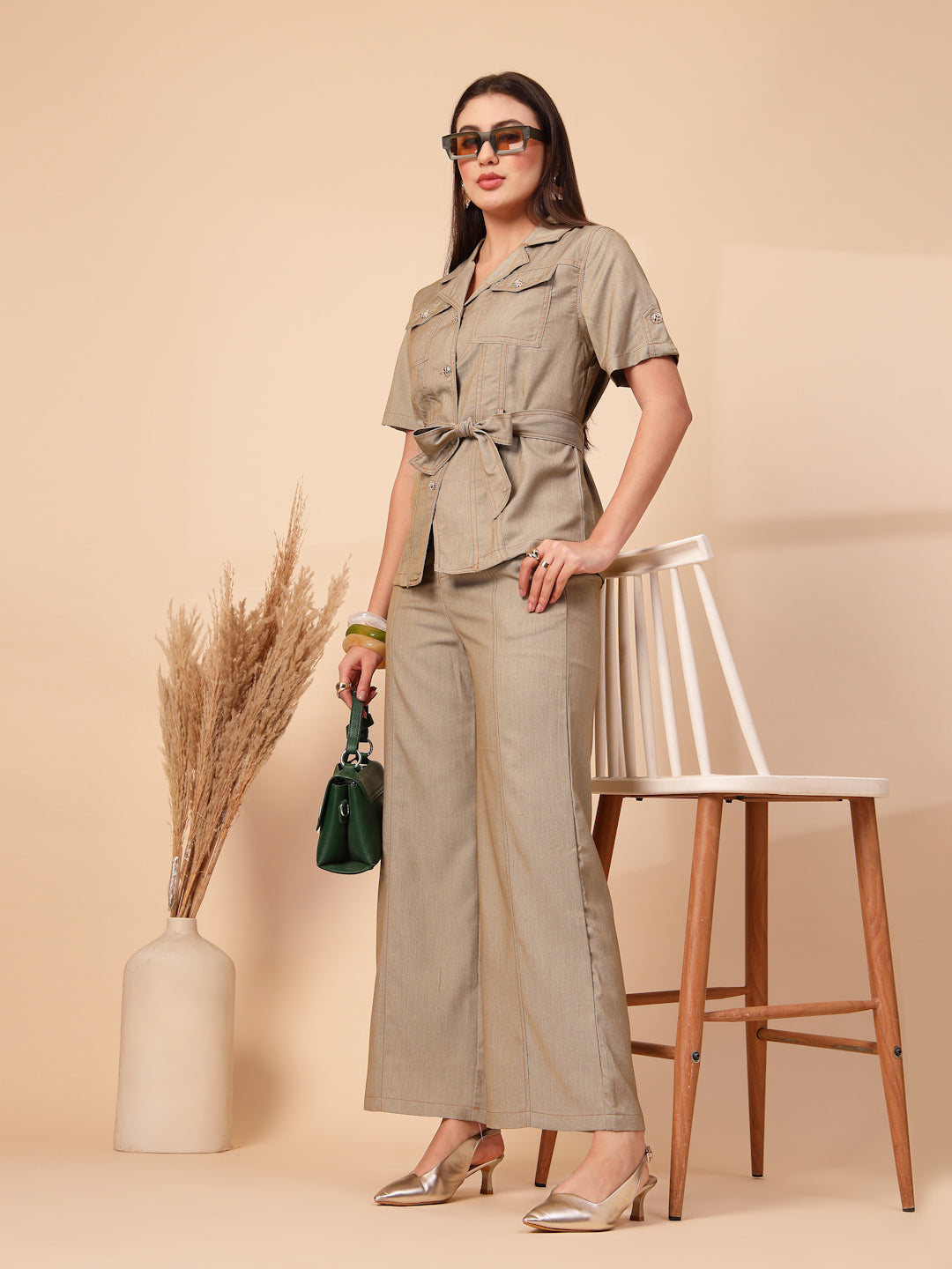 Thirty Threads Womens Green Solid Lepal Neck Regular Co-Ord Set
