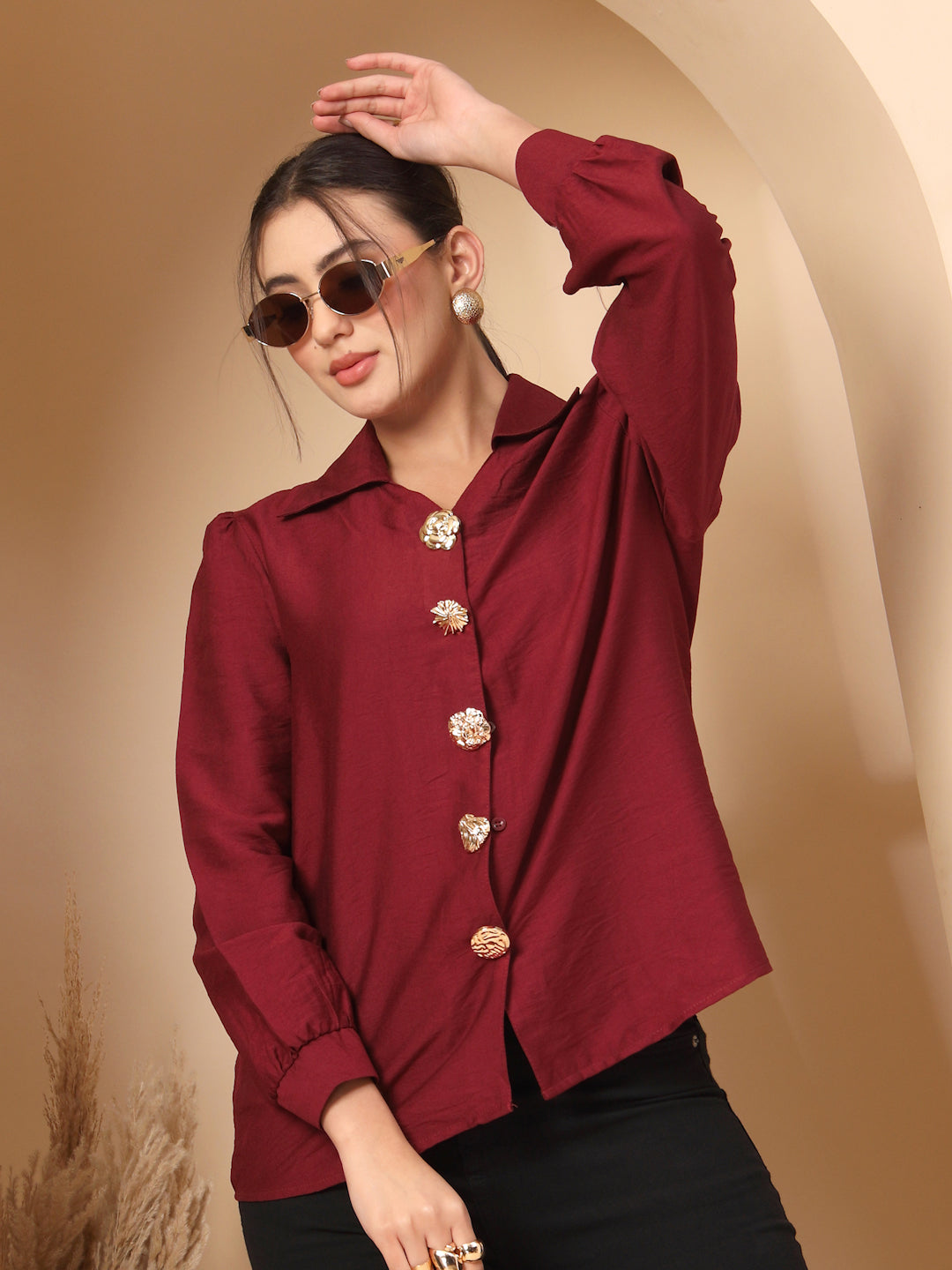 Thirty Threads Womens Pink Solid Collar Neck Long Sleeve Regular Length Shirt