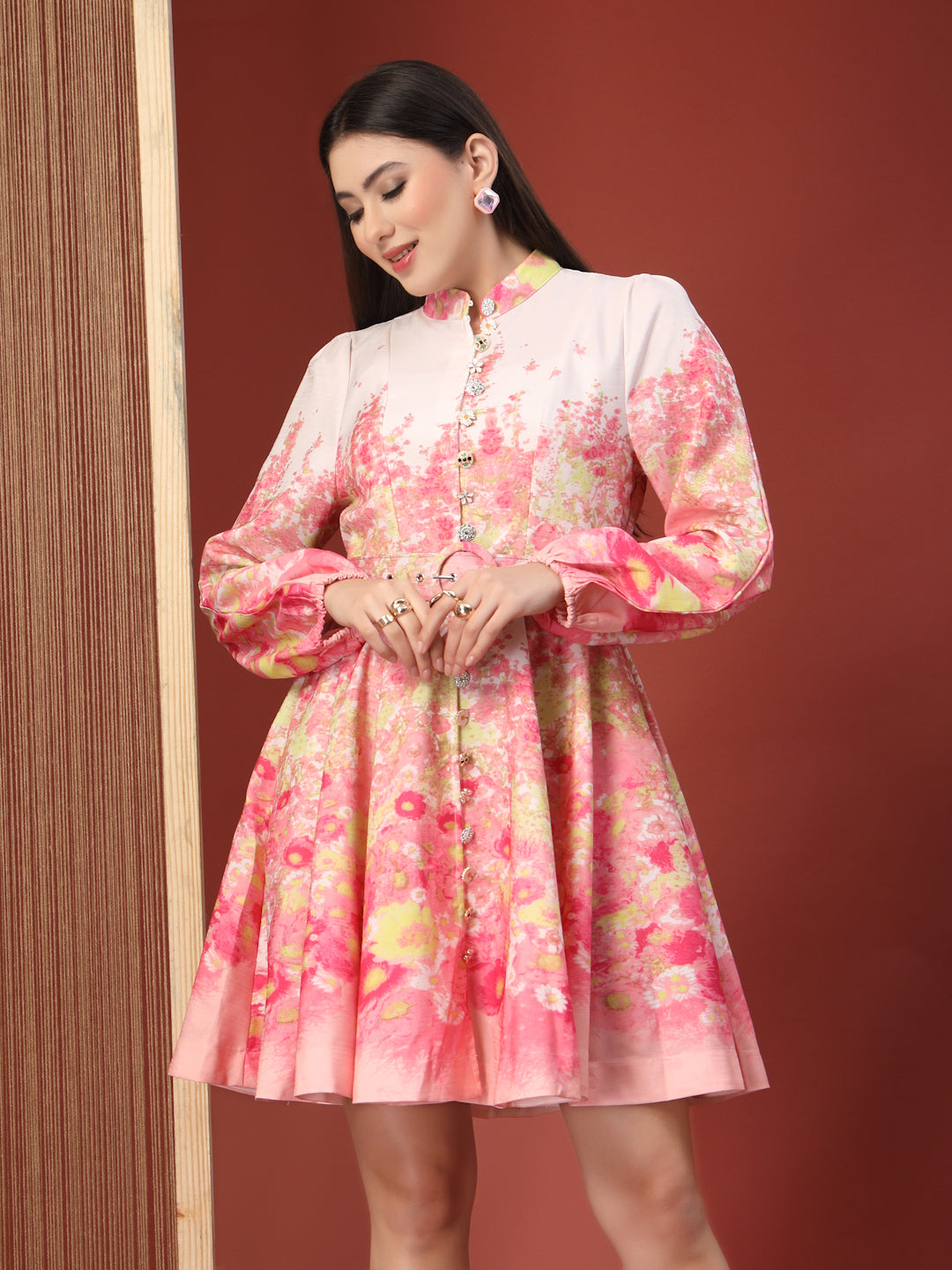 Thirty Threads Floral Printed Mandarin Collar Bishop Sleeve Fit & Flare Dress