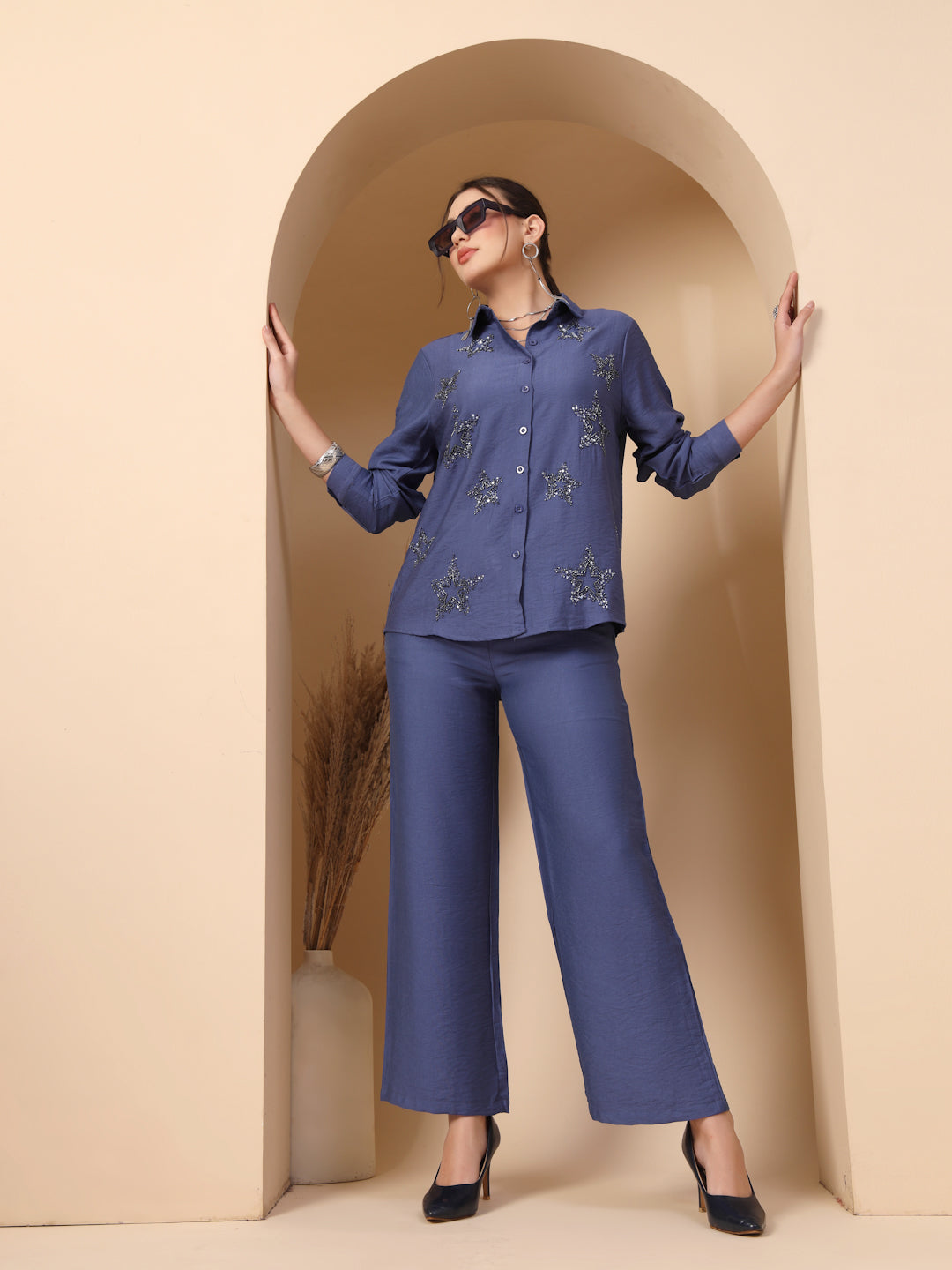 Thirty Threads Womens Blue Embellished Collar Neck Regular Co-Ord Set