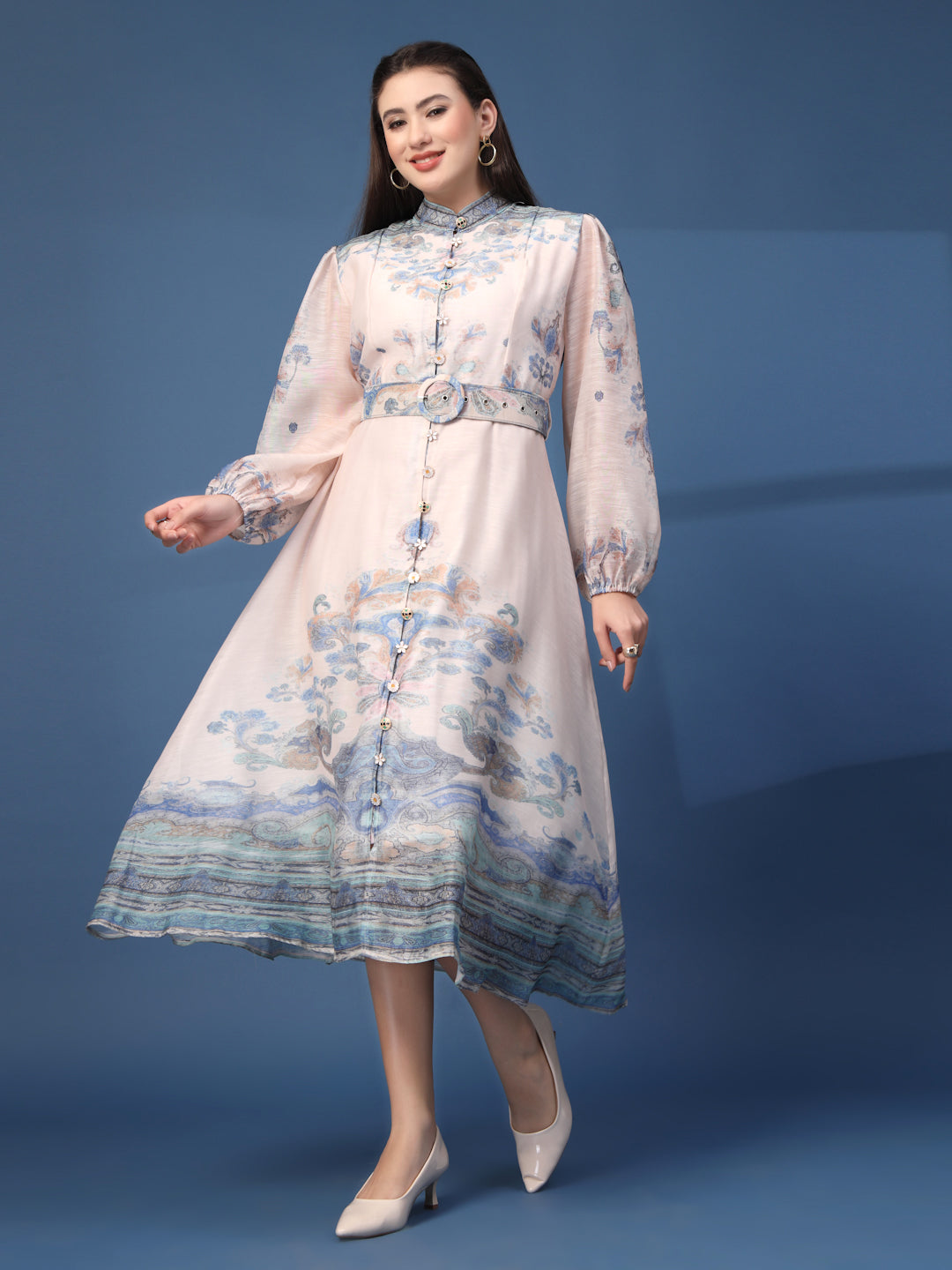 Thirty Threads Womens Multi Floral Mandrain Collar Calf Length Dress