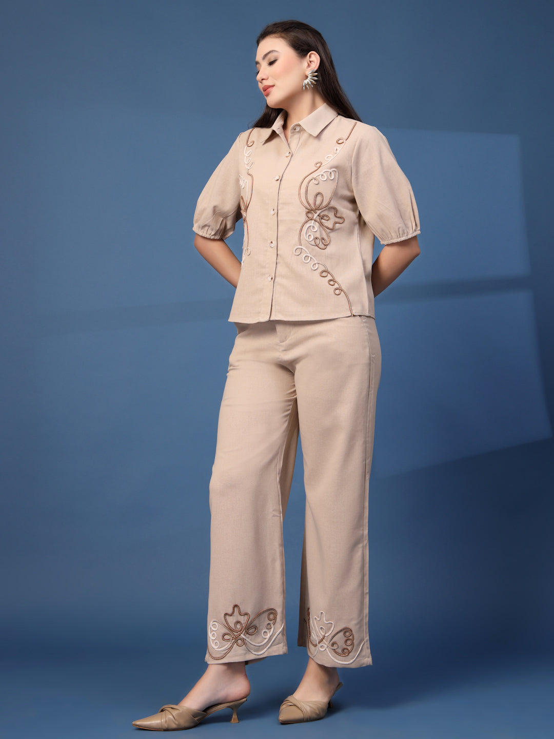 Thirty Threads Womens Beige Embroidered Collar Neck Regular Co-Ord Set