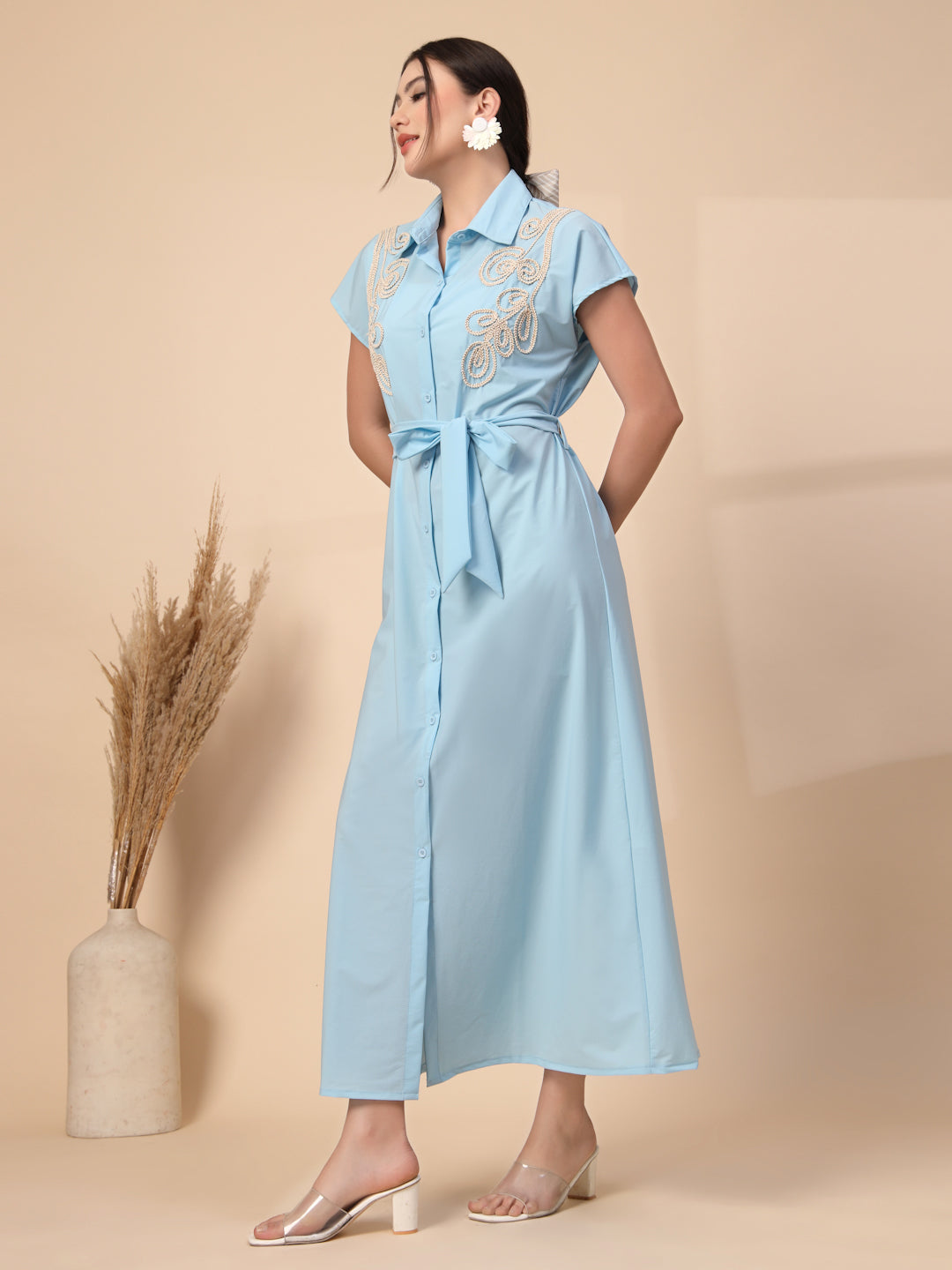 Thirty Threads Womens Sky Blue Emboirered Collar Neck Longline Dress