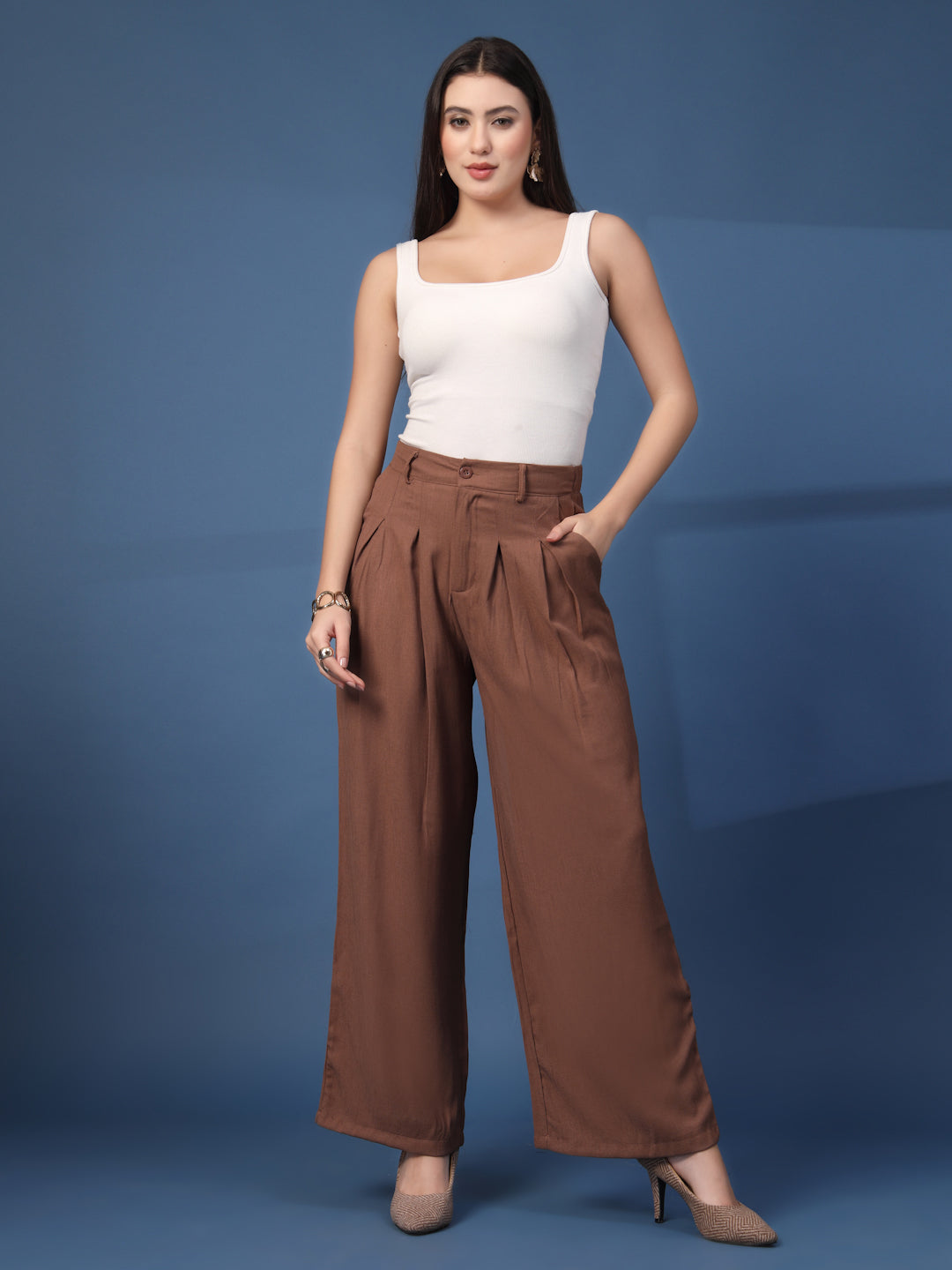 Thirty Threads Womens Brown Solid Ankle Length Palazoo