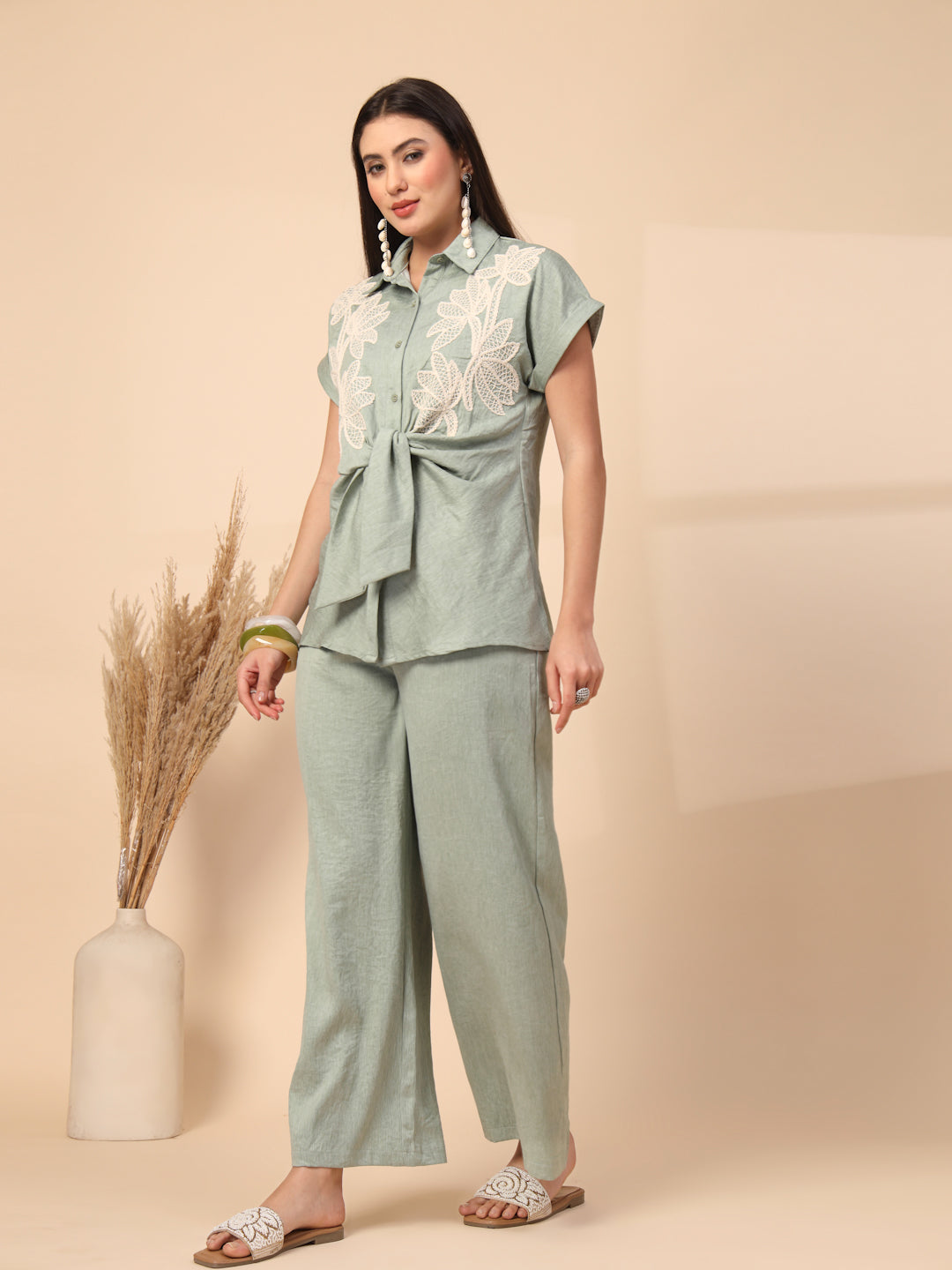 Thirty Threads Womens Green Embroidered Collar Neck Regular Co-Ord Set