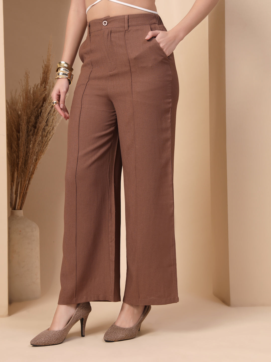 Thirty Threads Womens Beige Solid Ankle Length Palazoo