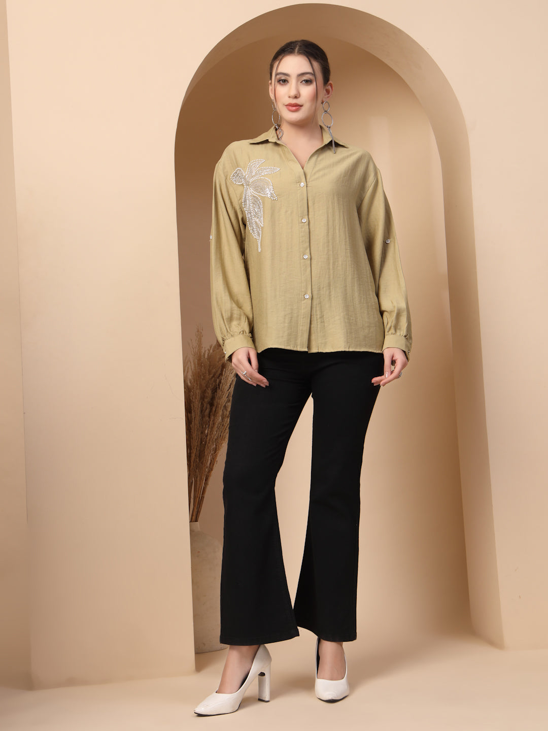 Thirty Threads Comfort Floral Embellished Spread Collar Relaxed Fit Casual Shirt