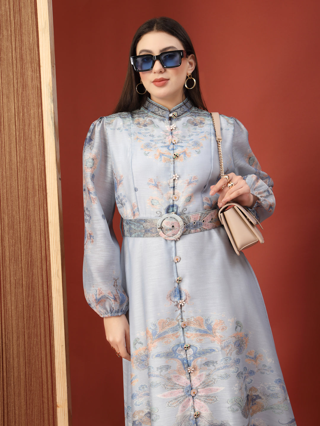 Thirty Threads Womens Multi Floral Mandrain Collar Calf Length Dress