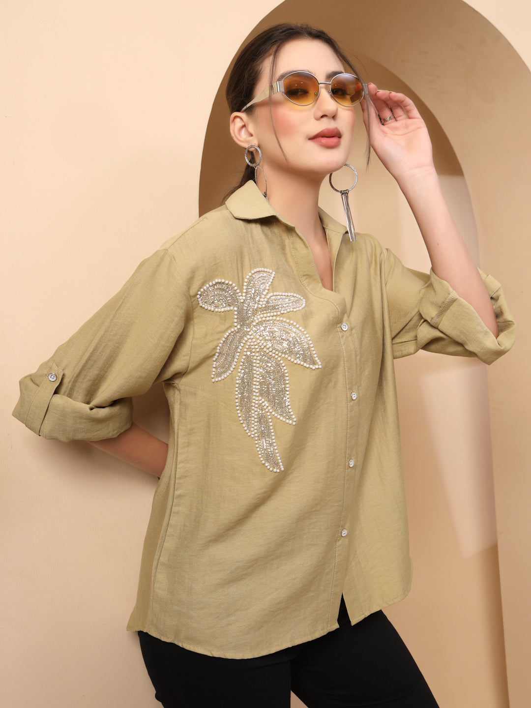 Thirty Threads Womens Blue Embellished Collar Neck Long Sleeve Regular Length Shirt