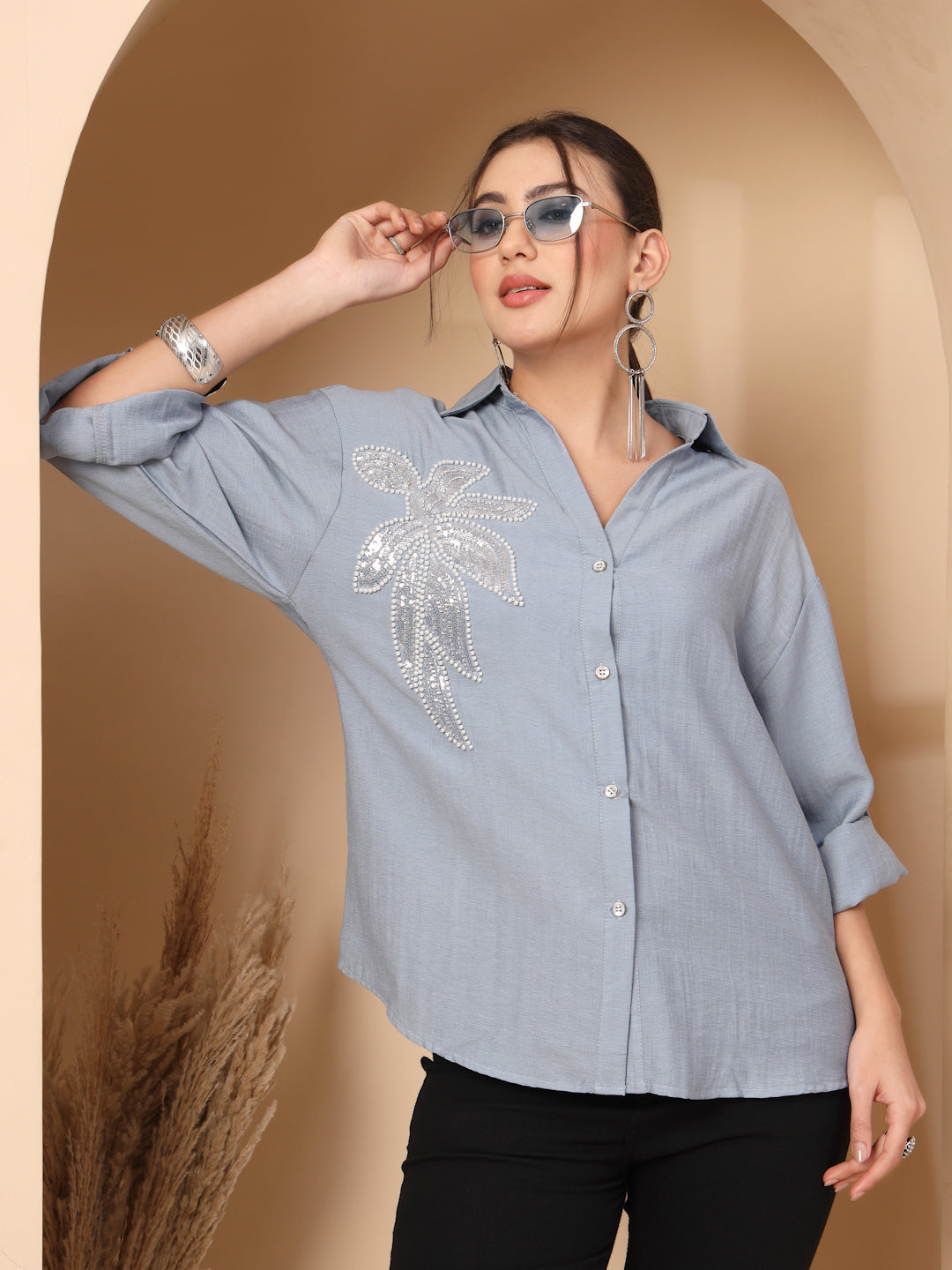 Thirty Threads Comfort Floral Embellished Spread Collar Relaxed Fit Casual Shirt