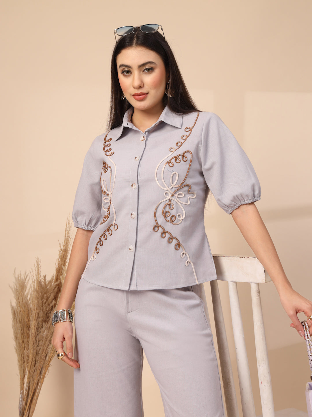 Thirty Threads Womens Beige Embroidered Collar Neck Regular Co-Ord Set