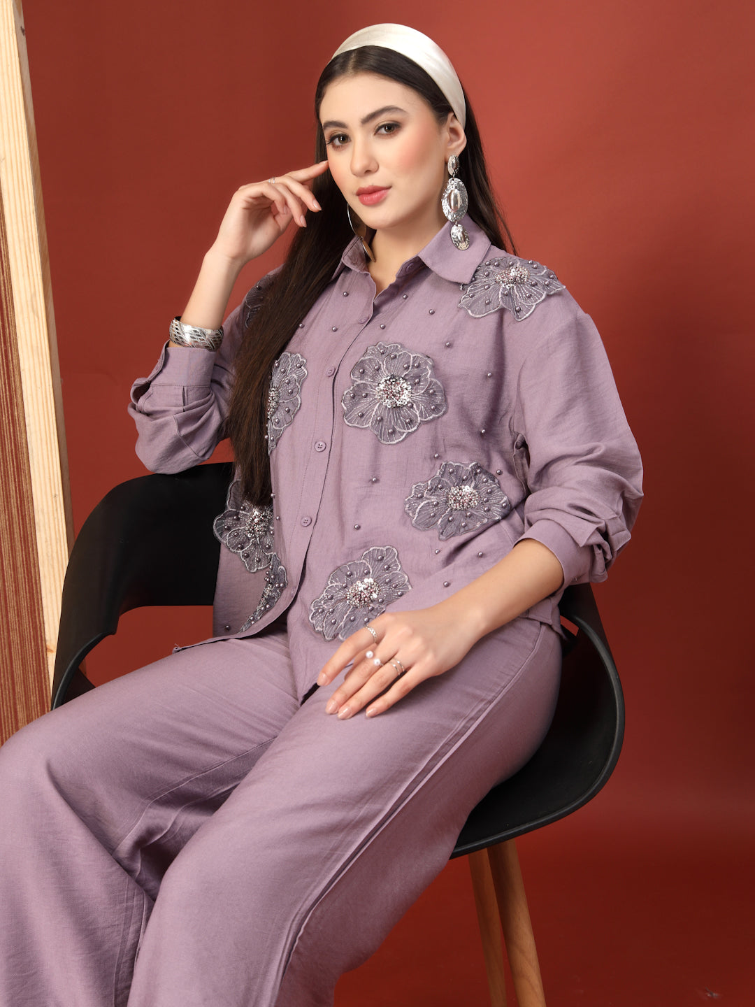 Thirty Threads Womens Lavender Embellished Collar Neck Regular Co-Ord Set