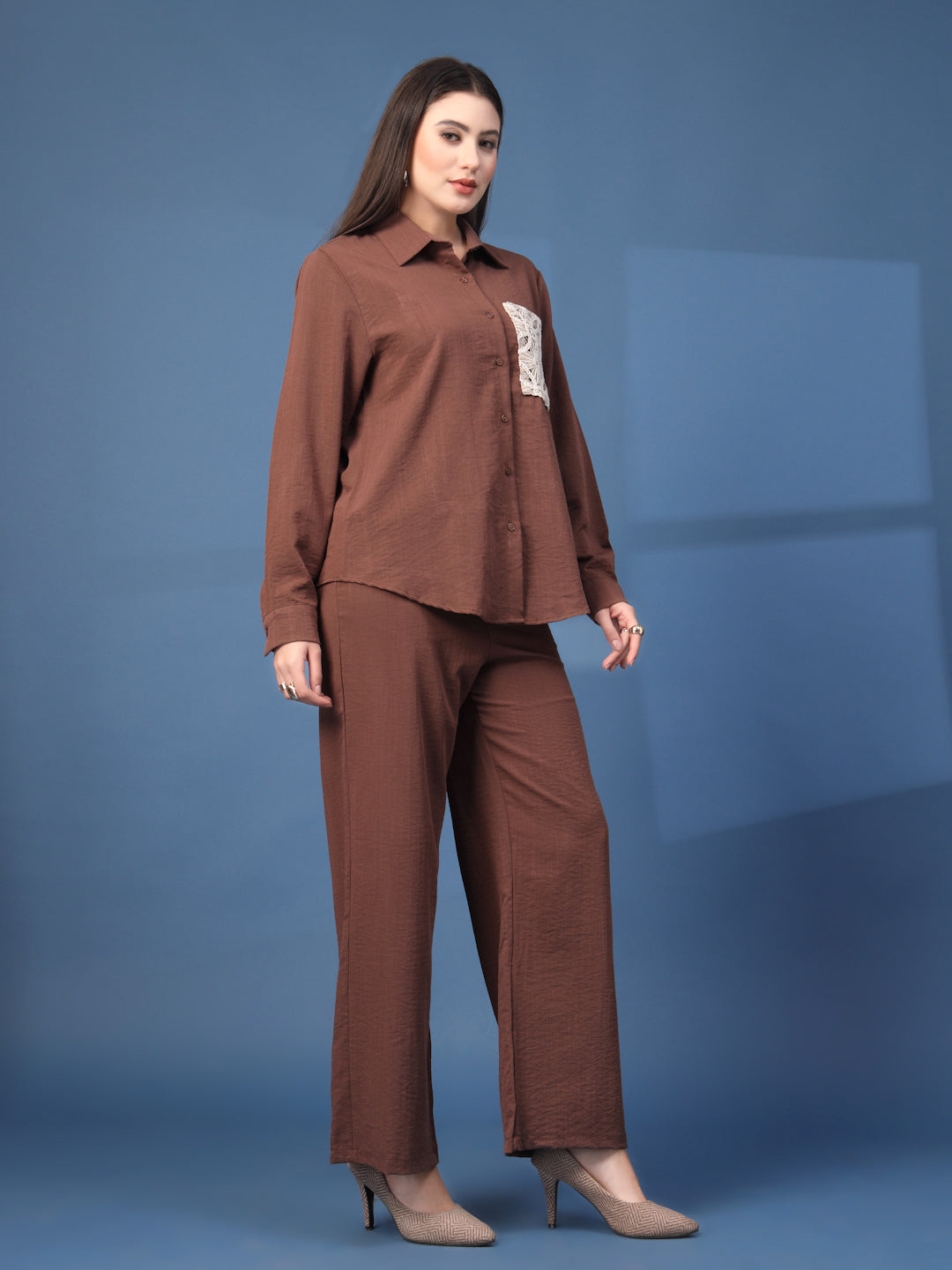 Thirty Threads Womens Coffee Embroidered Collar Neck Regular Co-Ord Set