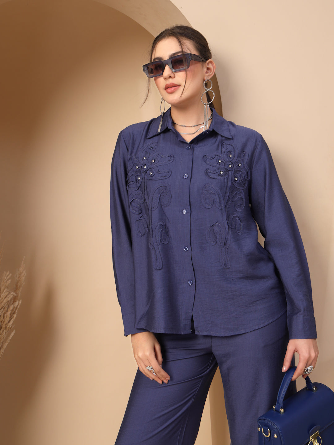 Thirty Threads Womens Blue Self Design Collar Neck Regular Co-Ord Set