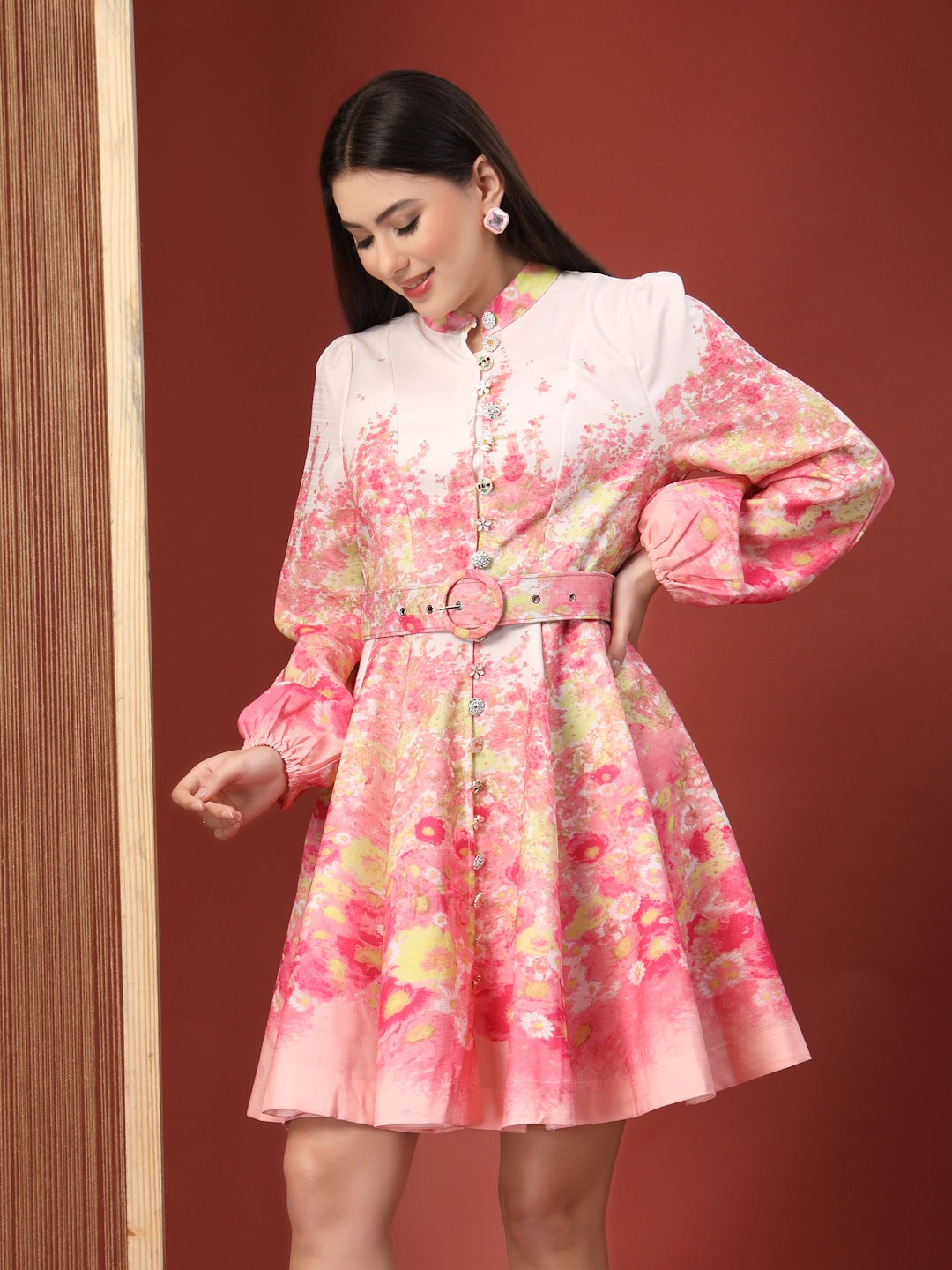 Thirty Threads Floral Printed Mandarin Collar Bishop Sleeve Fit & Flare Dress