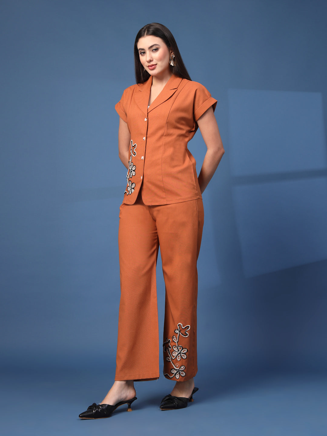 Thirty Threads Womens Rust Embroidered Lepal Neck Regular Co-Ord Set