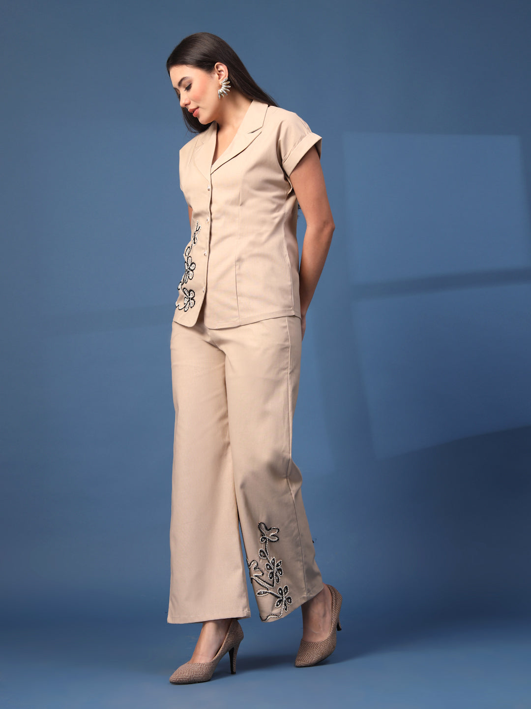 Thirty Threads Womens Rust Embroidered Lepal Neck Regular Co-Ord Set