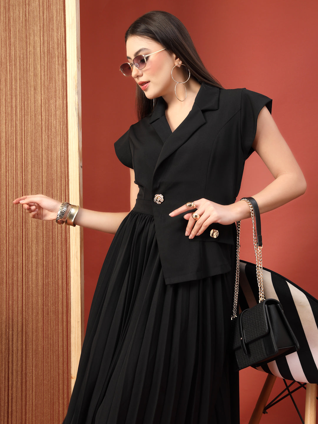 Thirty Threads Womens Black Solid Collar Neck Calf Length Dress