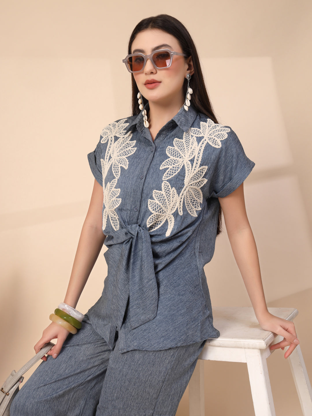 Thirty Threads Womens Green Embroidered Collar Neck Regular Co-Ord Set