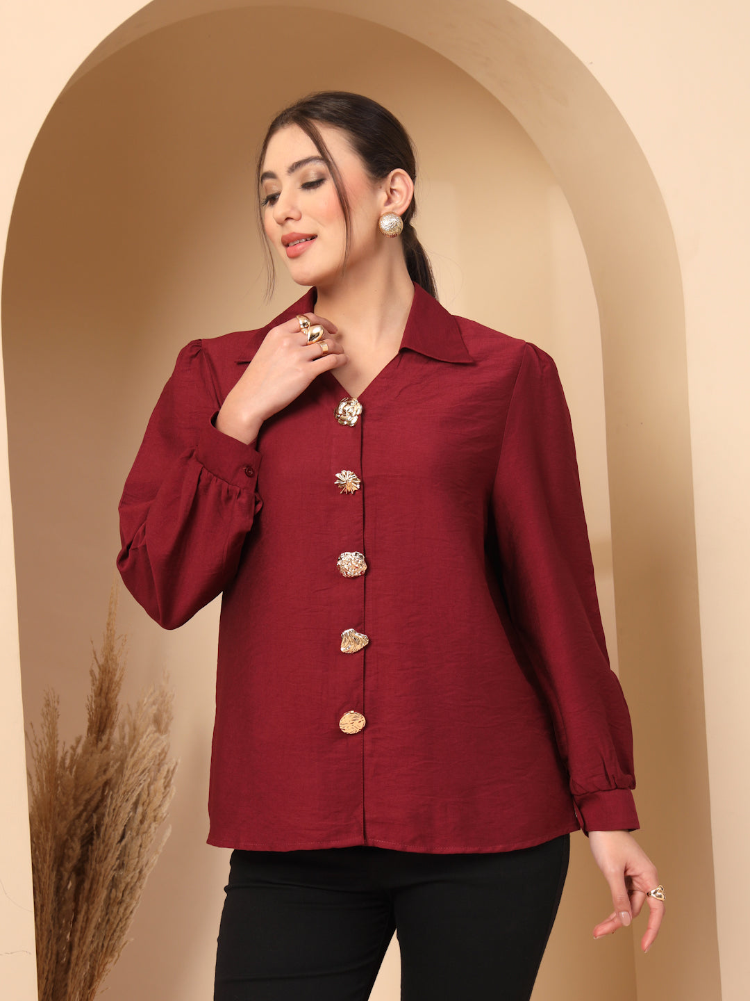 Thirty Threads Womens Beige Solid Collar Neck Long Sleeve Regular Length Shirt