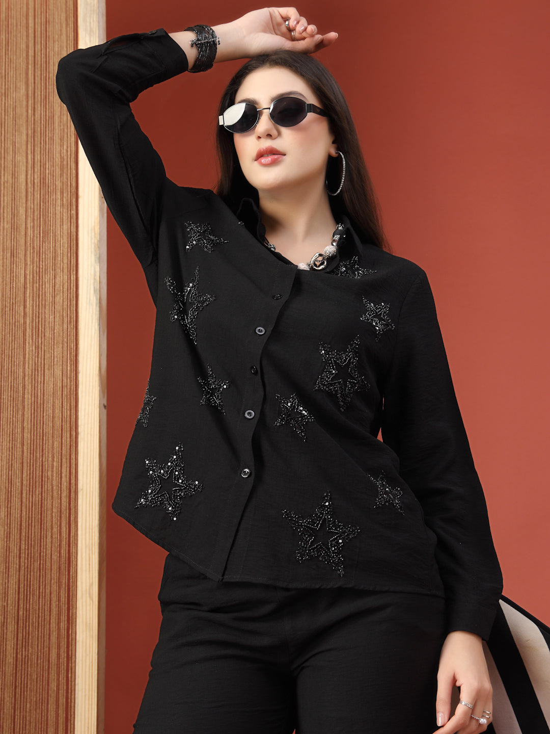 Thirty Threads Womens Black Embellished Collar Neck Regular Co-Ord Set