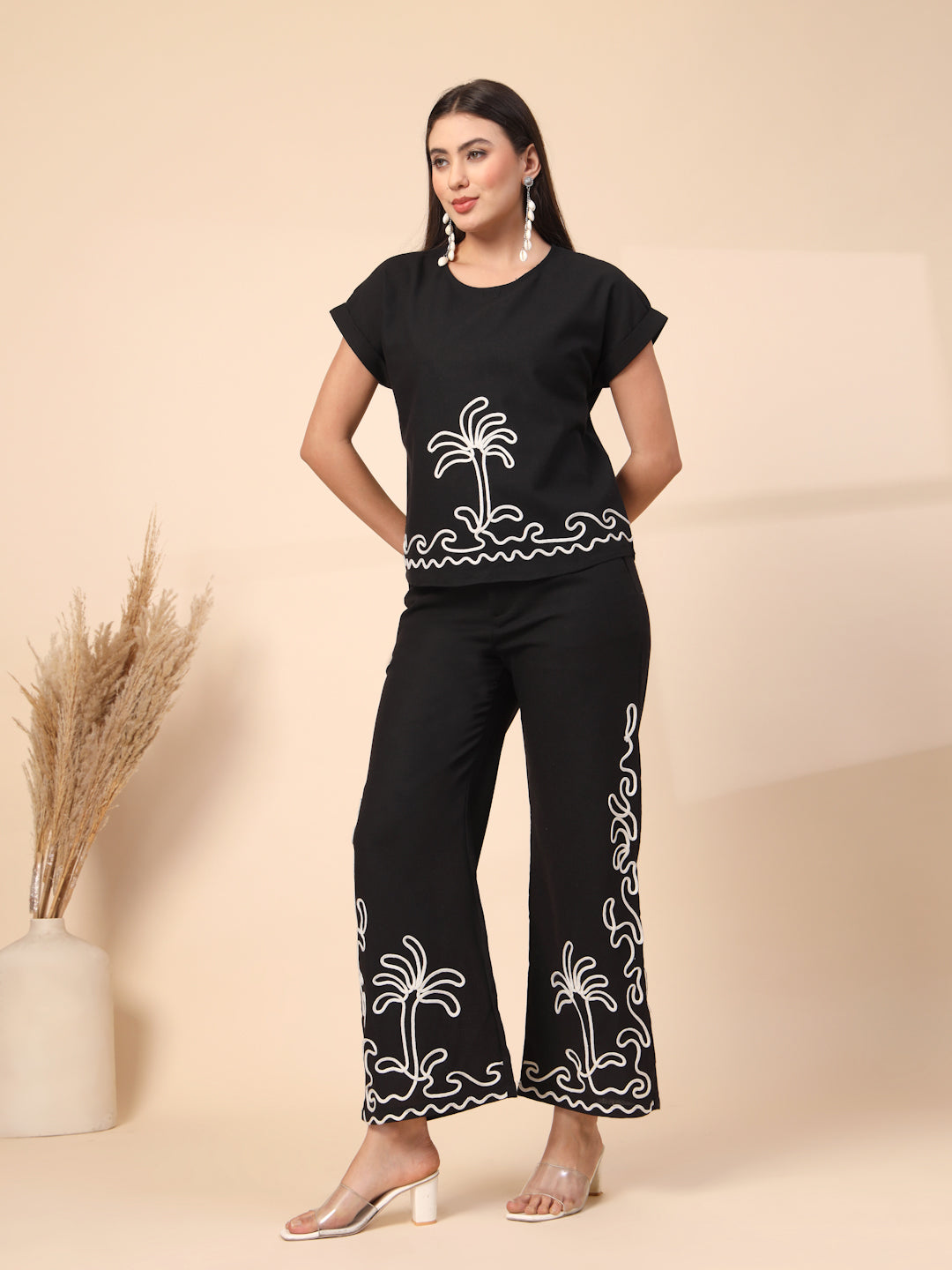 Thirty Threads Womens Green Embroidered Round Neck Regular Co-Ord Set