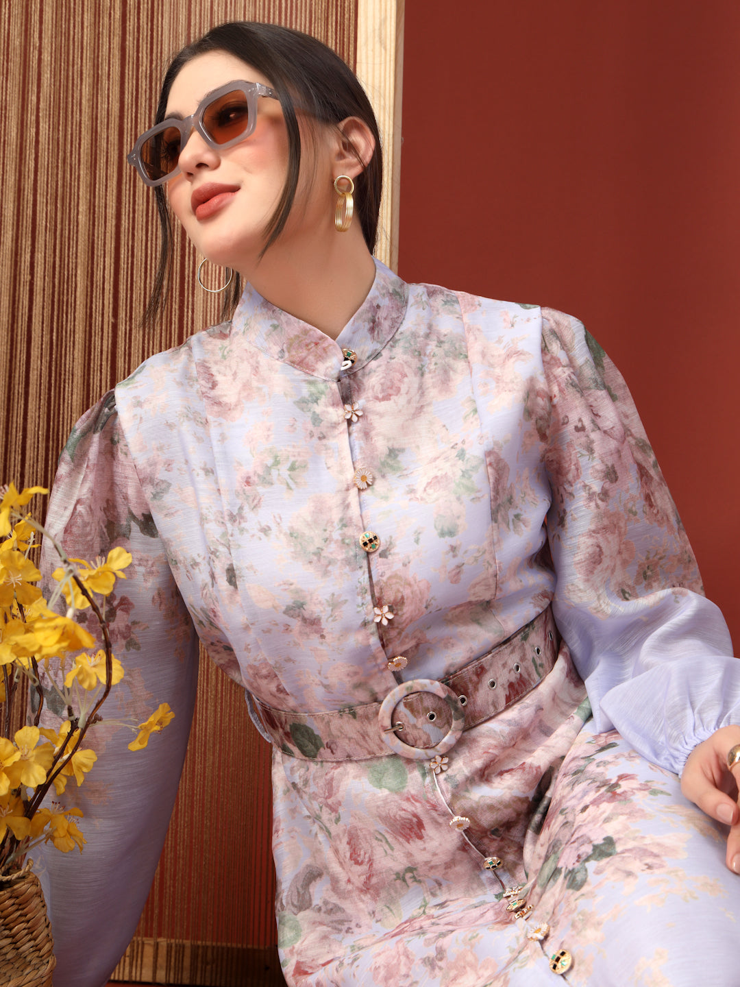 Thirty Threads Womens Multi Floral Mandrain Collar Calf Length Dress