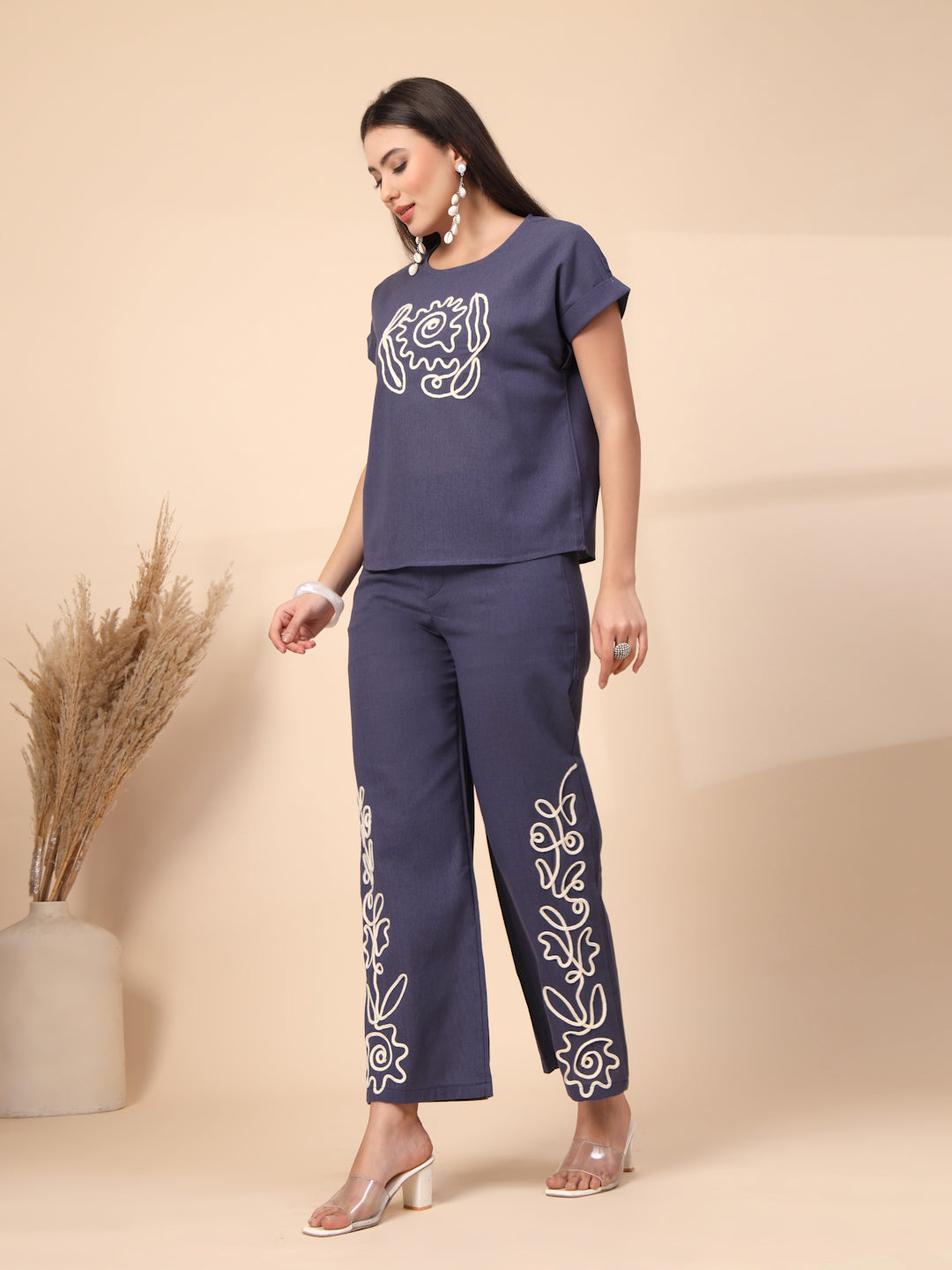 Thirty Threads Womens Brown Embroidered Round Neck Regular Co-Ord Set