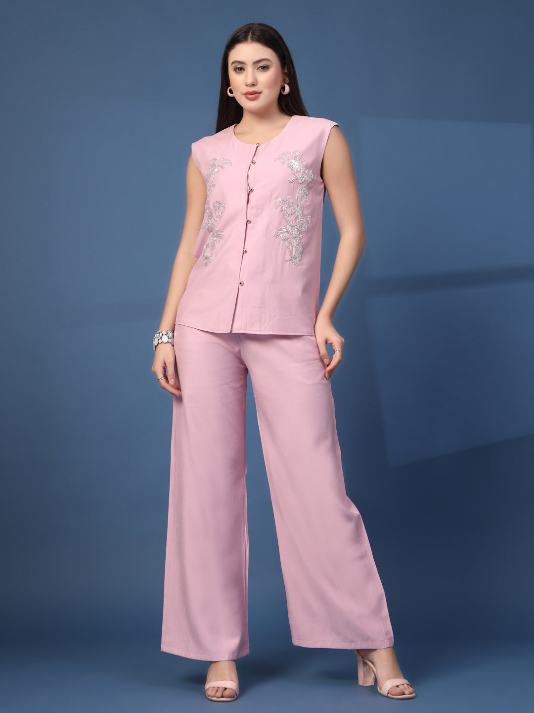 Thirty Threads Womens Pink Embellished Round Neck Regular Co-Ord Set
