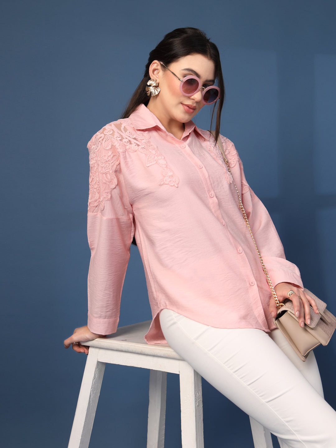 Thirty Threads Womens Peach Self Design Collar Neck Long Sleeve Regular Length Shirt