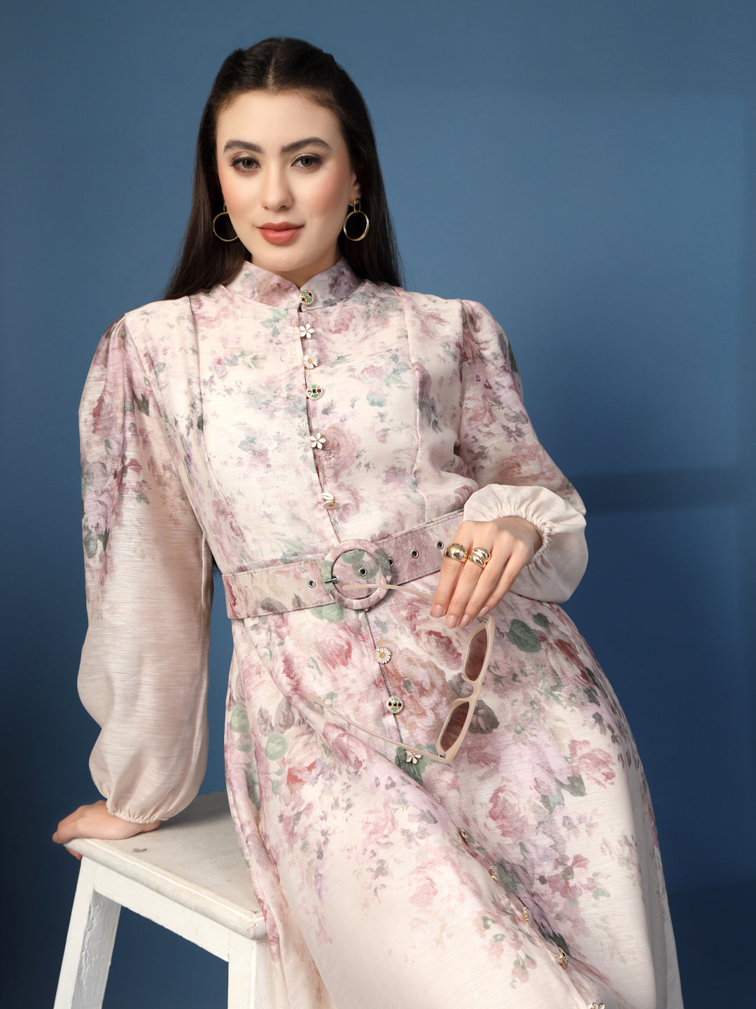 Thirty Threads Womens Multi Floral Mandrain Collar Calf Length Dress