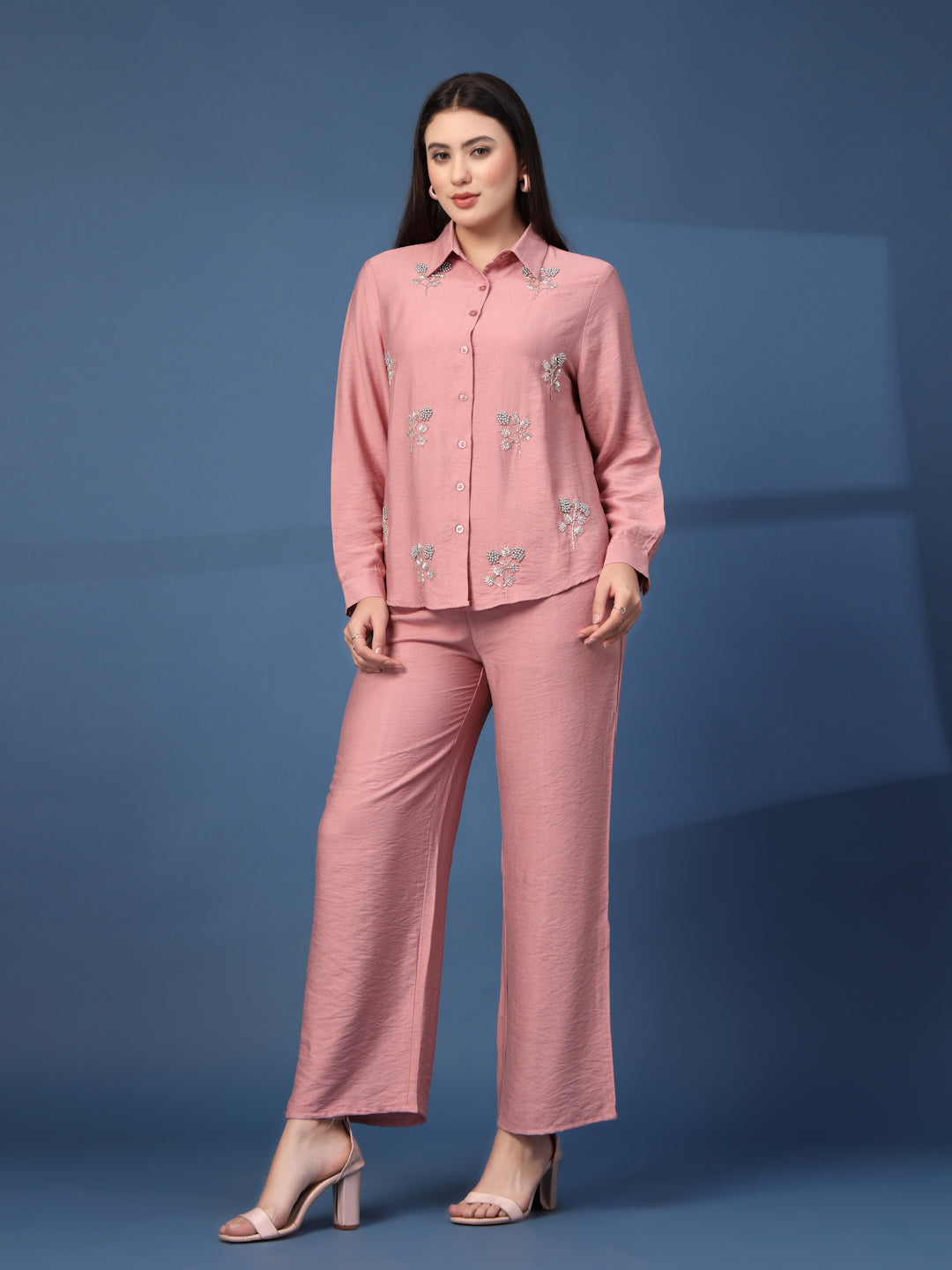 Thirty Threads Womens Peach Embellished Collar Neck Regular Co-Ord Set