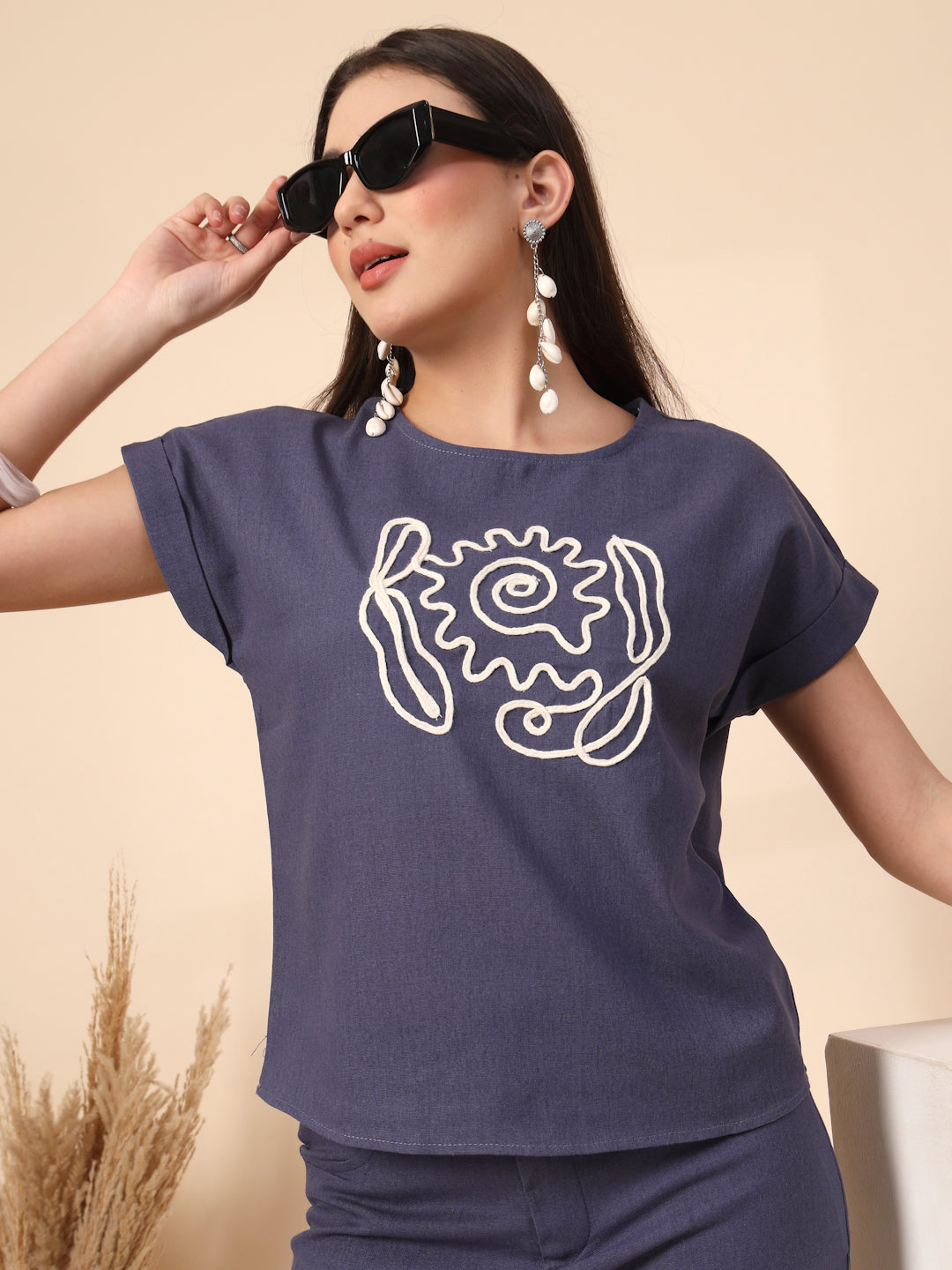 Thirty Threads Womens Blue Embroidered Round Neck Regular Co-Ord Set