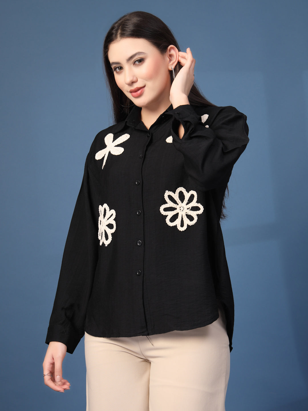 Thirty Threads Womens Black Emboirered Collar Neck Long Sleeve Regular Length Shirt