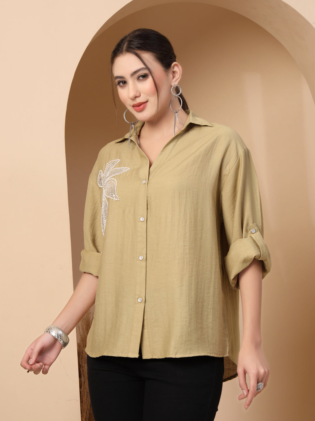 Thirty Threads Comfort Floral Embellished Spread Collar Relaxed Fit Casual Shirt
