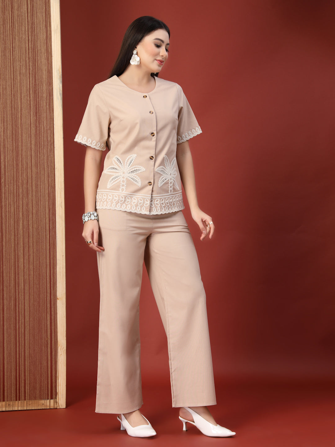 Thirty Threads Womens Blue Embroidered Round Neck Regular Co-Ord Set