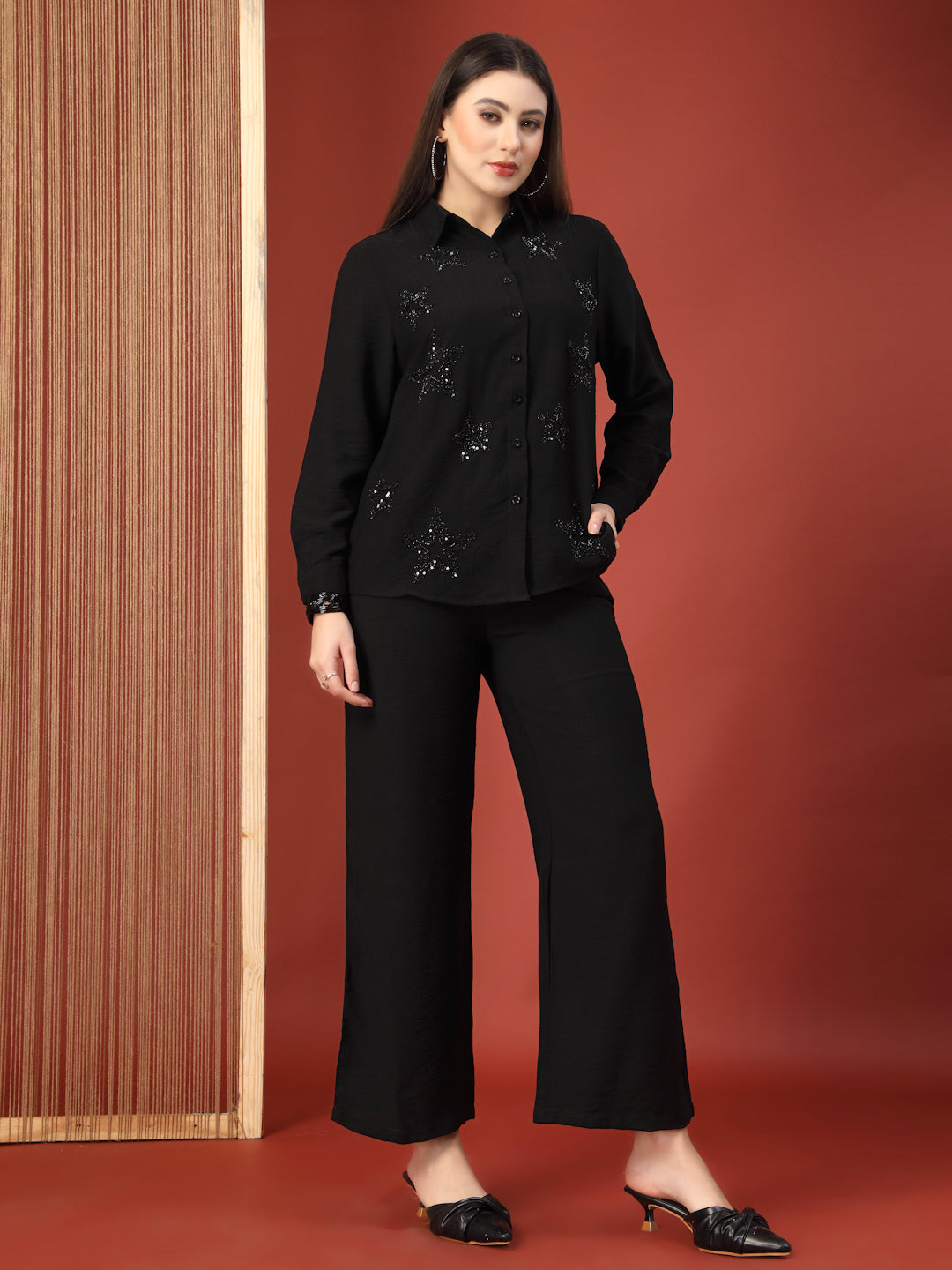 Thirty Threads Womens Blue Embellished Collar Neck Regular Co-Ord Set
