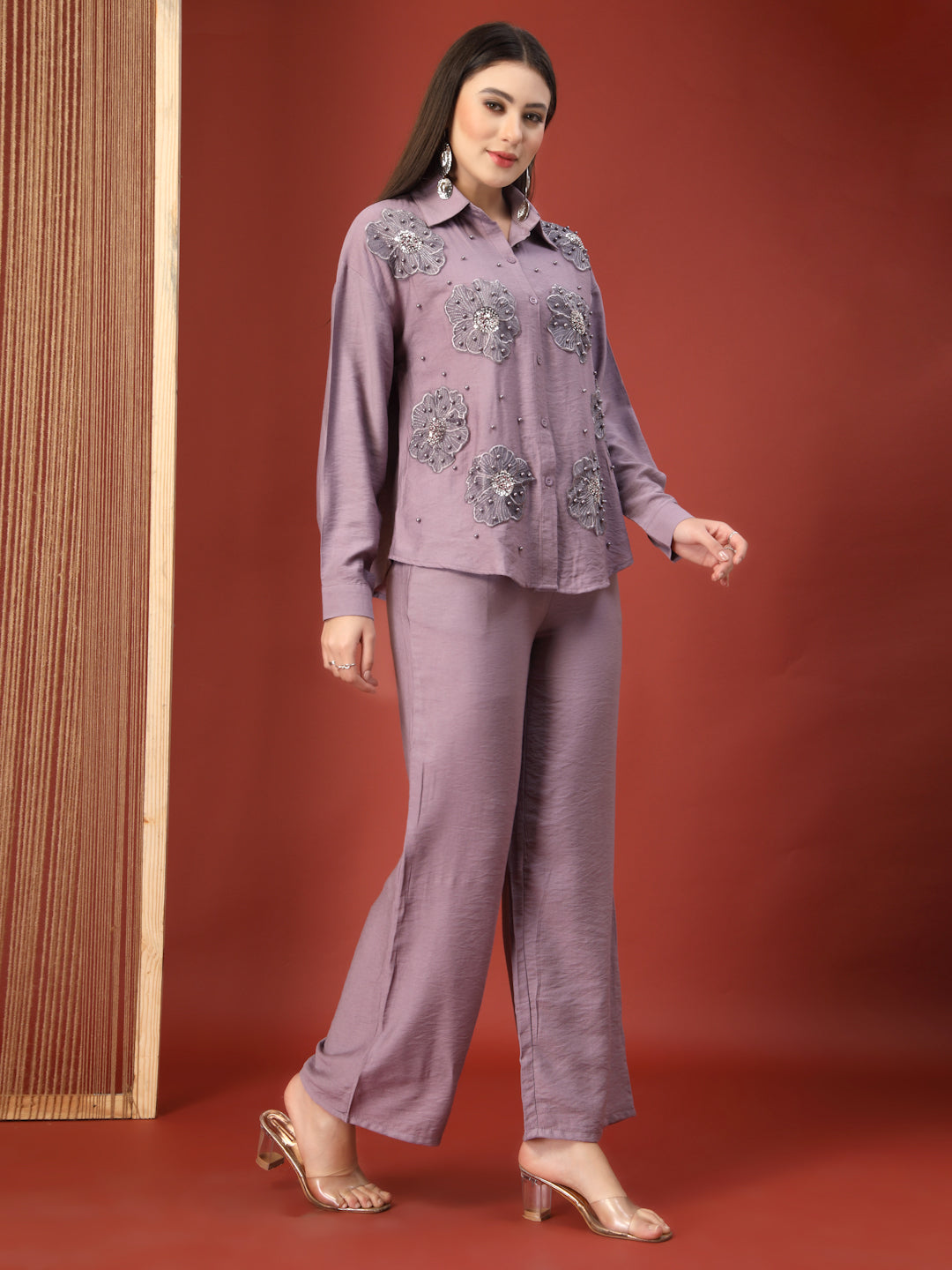 Thirty Threads Womens Beige Embellished Collar Neck Regular Co-Ord Set