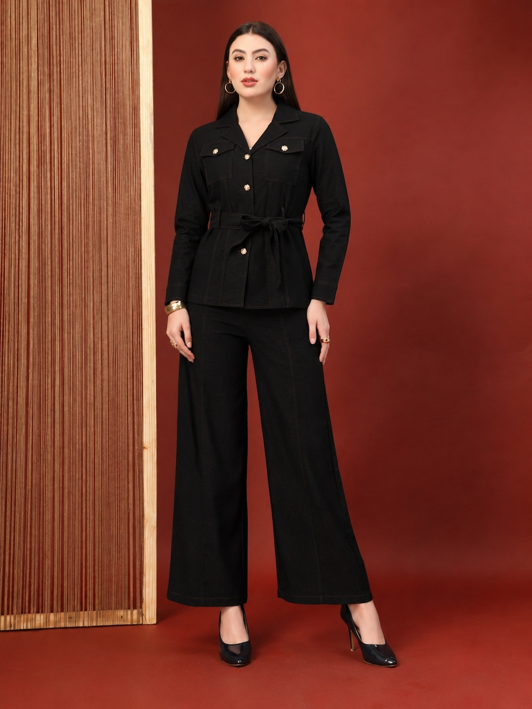 Thirty Threads Womens Denim Blue Solid Lepal Neck Regular Co-Ord Set