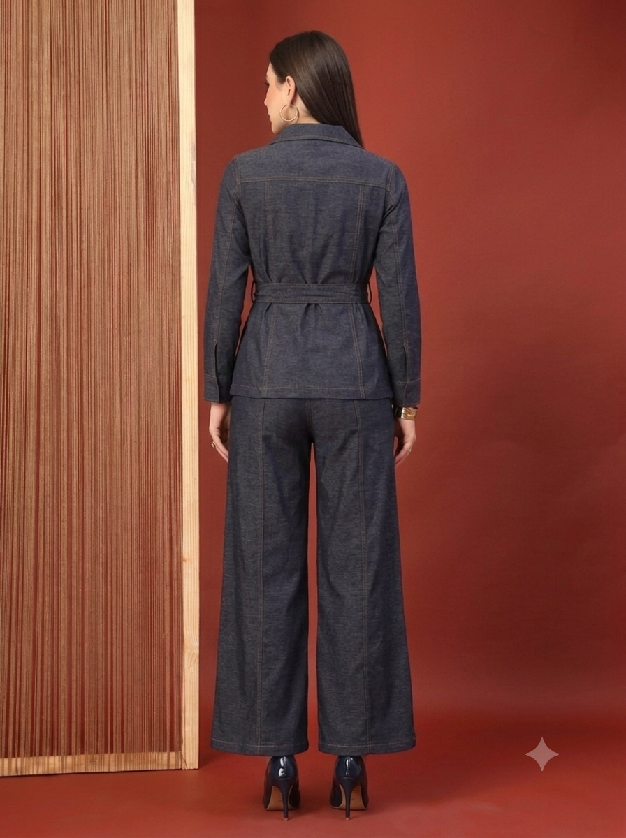 Thirty Threads Womens Denim Blue Solid Lepal Neck Regular Co-Ord Set