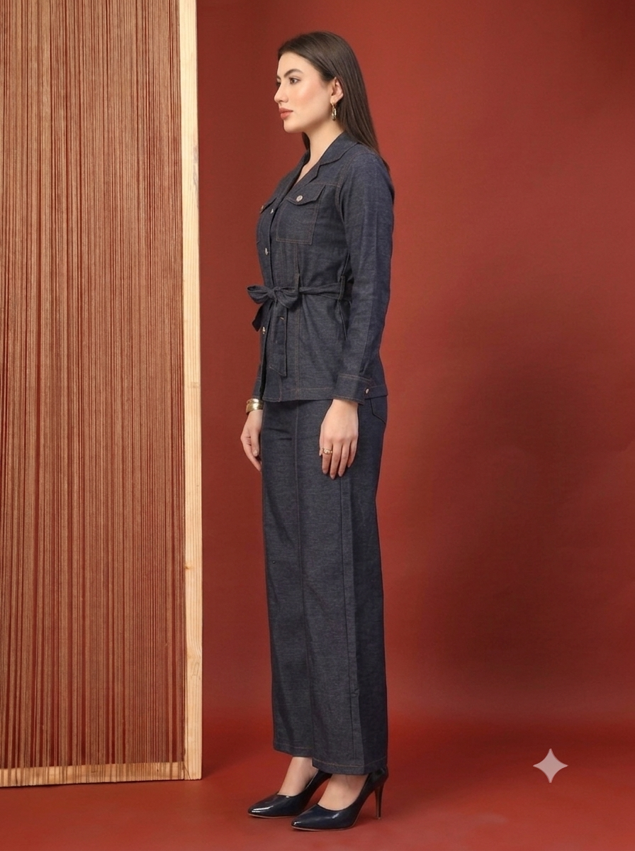 Thirty Threads Womens Denim Blue Solid Lepal Neck Regular Co-Ord Set