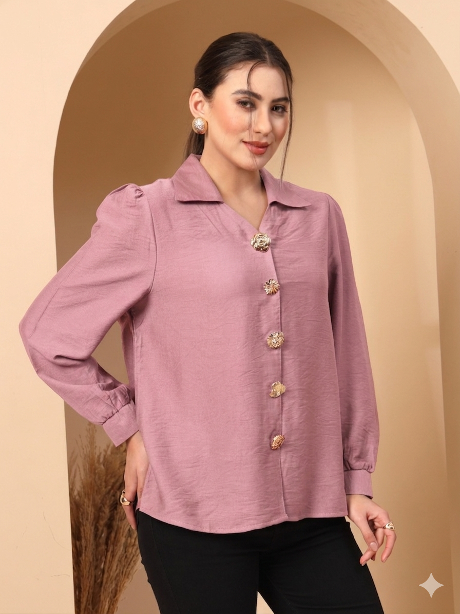 Thirty Threads Womens Beige Solid Collar Neck Long Sleeve Regular Length Shirt