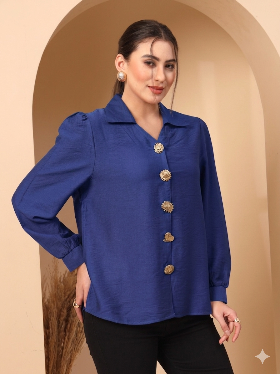 Thirty Threads Womens Pink Solid Collar Neck Long Sleeve Regular Length Shirt
